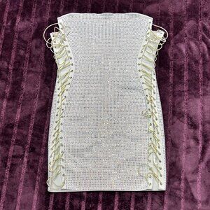 Akira Rhinestone Bodycon Bandage Dress size 3XL White Lace Up Sides NWT FLAWS